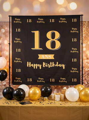 TOILE BACKDROP AVEC SUPPORT ANNIVERSAIRE 2X2M 18 ANS NOIR ET OR