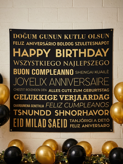 Location TOILE BACKDROP AVEC SUPPORT ANNIVERSAIRE MULTILANGUE 2X2M NOIR-OR
