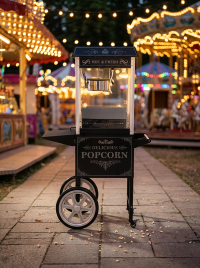 Location MACHINE À POPCORN SUR CHARIOT ROULETTE RÉTRO NOIRE