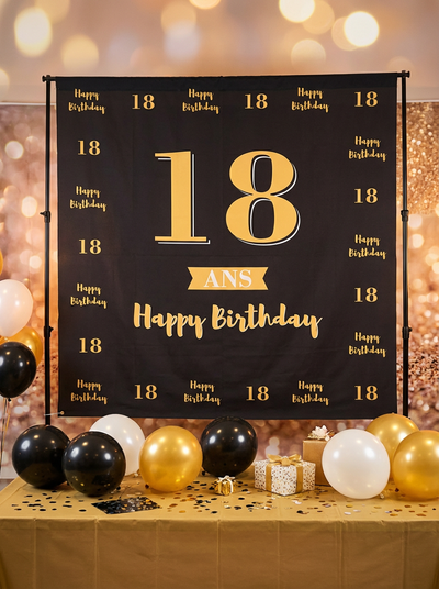 Location TOILE BACKDROP AVEC SUPPORT ANNIVERSAIRE 2X2M 18 ANS NOIR ET OR