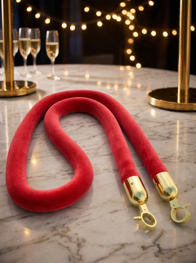 CORDE VELOURS ROUGE 1,50 M AVEC MOUSQUETONS DORÉS